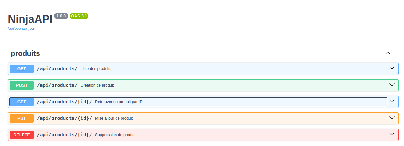 Capture d'écran du swagger généré par django-ninja